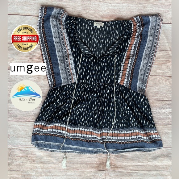 Umgee Tops - Umgee Tasseled Boho Top Size S Blue And Elephants